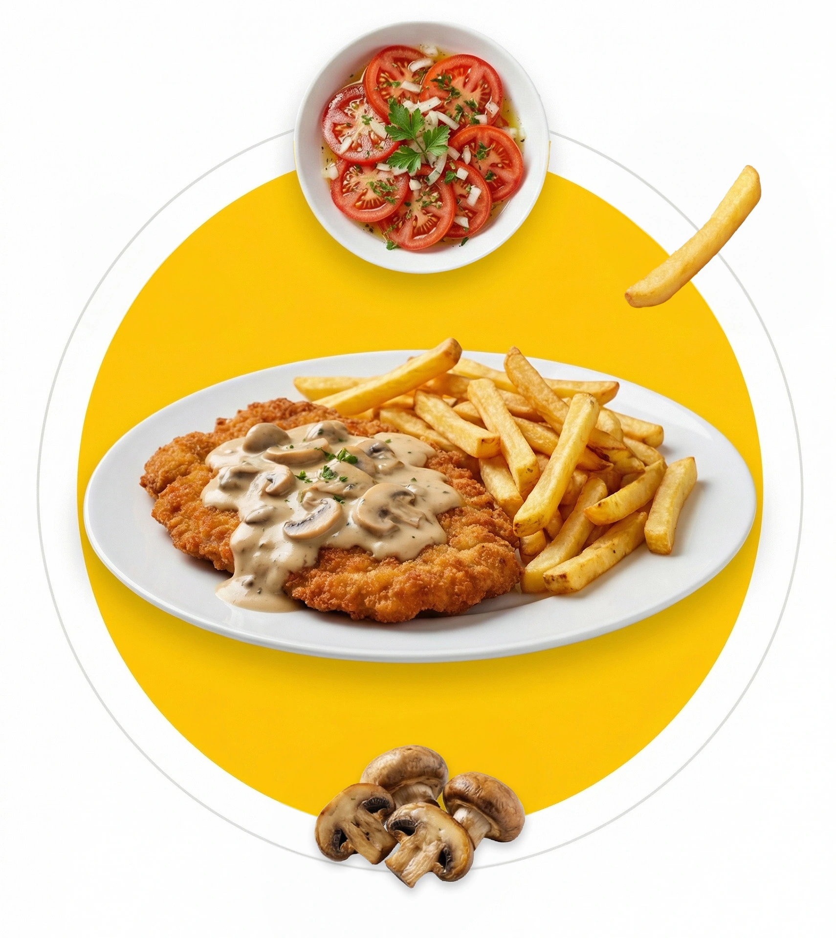 Mittagessen in Gardelegen: Schnitzel mit Rahmchampignons und Pommes Frites in der Rosenkueche in Gardelegen
