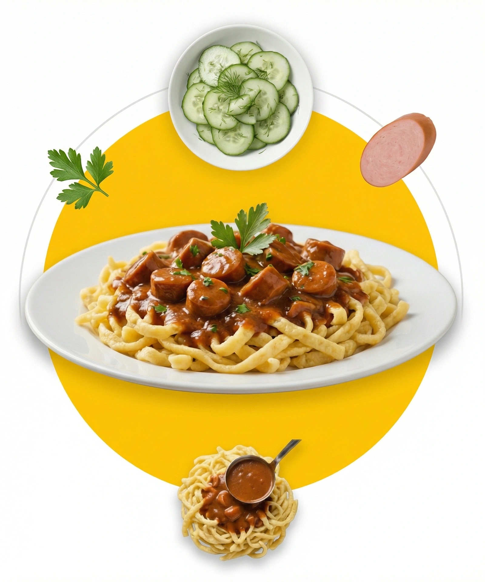 Mittagessen in Gardelegen: Wurstgulasch mit Spätzle in der Rosenkueche in Gardelegen